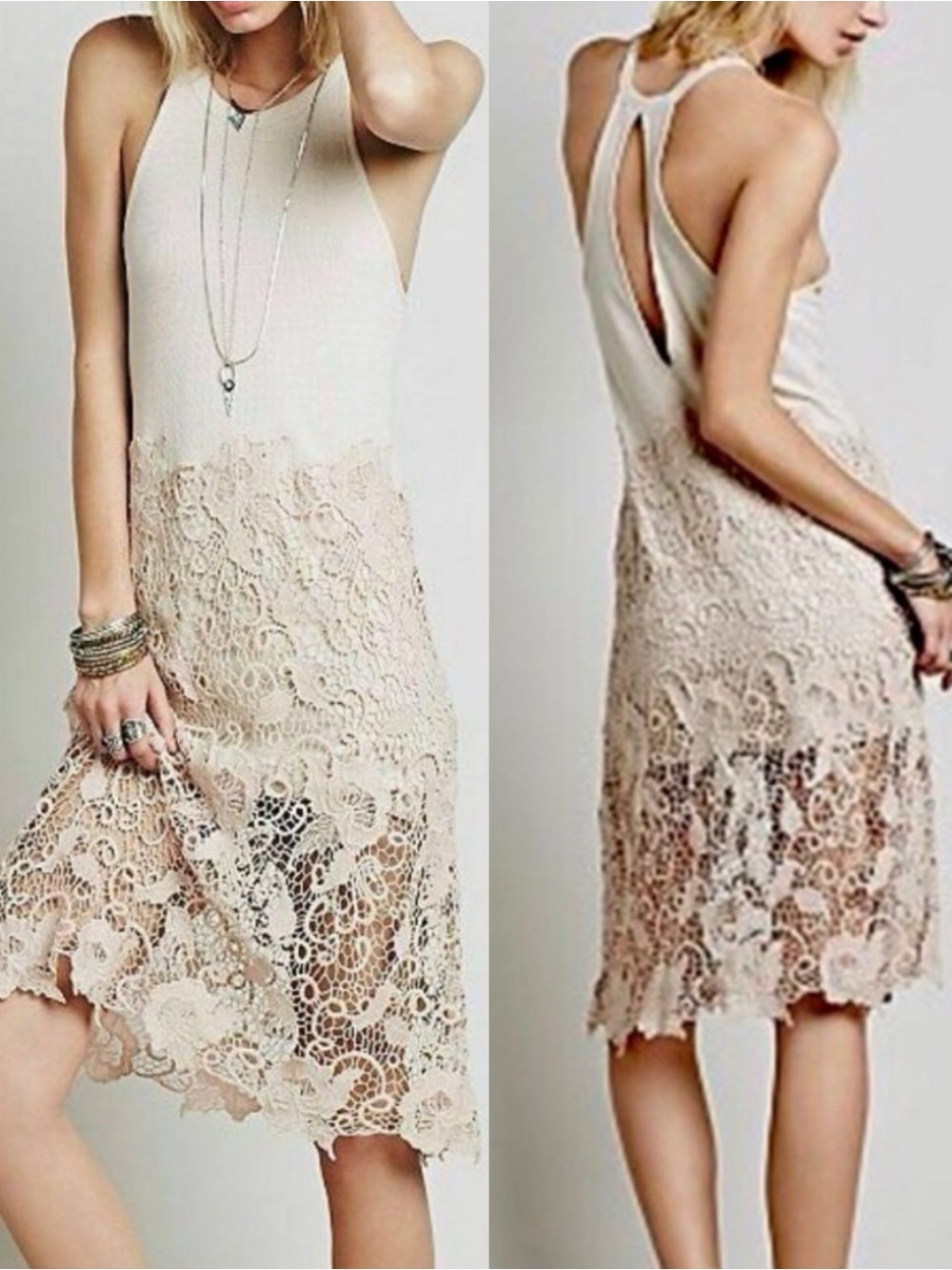 Free People Nora Lace Overlay Midi Dress Cream Tank Boho Festival Size Large - Picture 1 of 15